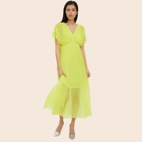 VERO MODA Aware Neon Yellow Cap Sleeve Ruffle Midi Dress Size XS NWT - Picture 1 of 15